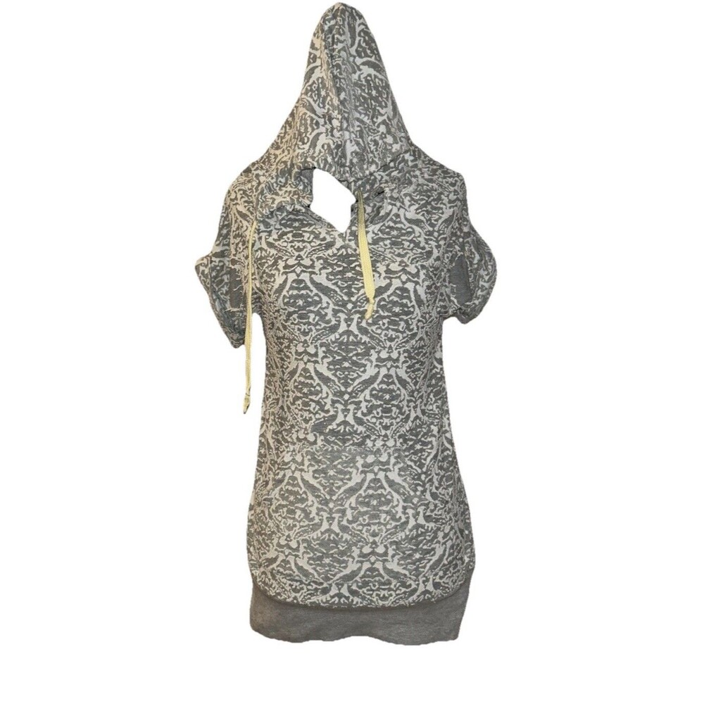 Miss Chievous Y2K Whimsigoth S Gray Damask Burnout Short Sleeve Festival Hoodie